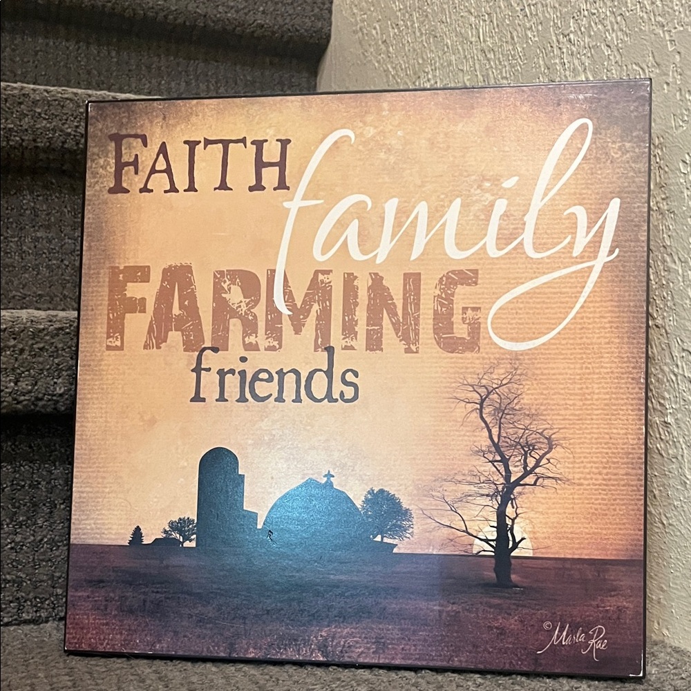 Rustic Farmhouse Wall Art with “Faith, family farming friends” Message